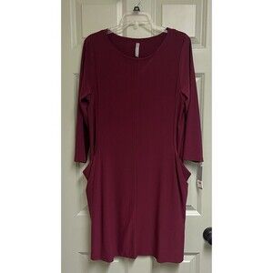 NWT LAST TANGO Burgundy Dress Women Medium Pockets LS Lined Wide Neck Stretch